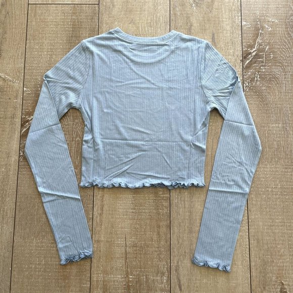 DOUBLE ZERO WOMENS SMOKEY BLUE LETTUCE EDGE LONG SLEEVE CROP TOP - NWT s m l - Picture 4 of 9
